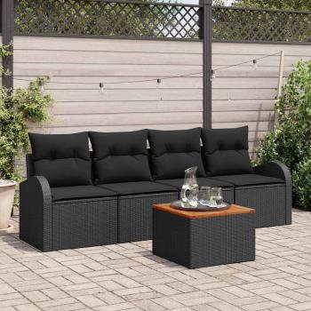 ARDEBO.de - 5-teiliges Garten Sofa Set mit Kissen Schwarz Poly Rattan Akazie, 2-Sitzer Garten Sofa mit Stauraum und Kissen Schwarz Poly Rattan