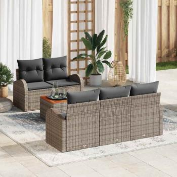 ARDEBO.de - 6-teiliges Garten-Sofa-Set mit Kissen Grau Poly-Rattan Akazie, 2-Sitzer Garten-Sofa mit Stauraum & Kissen Grau Poly-Rattan