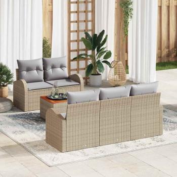 ARDEBO.de - 6-teiliges Garten Sofa Set mit Kissen Beige Poly Rattan Akazie, 2-Sitzer Garten Sofa mit Stauraum & Kissen Beige Poly Rattan