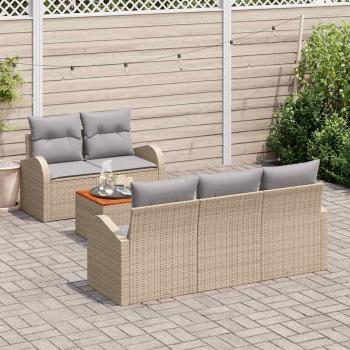 6-teiliges Garten Sofa Set mit Kissen Beige Poly Rattan Akazie, 2-Sitzer Garten Sofa mit Stauraum & Kissen Beige Poly Rattan