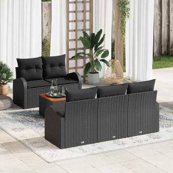 ARDEBO.de - 6-teiliges Garten-Sofa-Set mit Kissen Schwarz Poly Rattan Akazie, 2-Sitzer Garten-Sofa mit Stauraum & Kissen Schwarz Poly Rattan