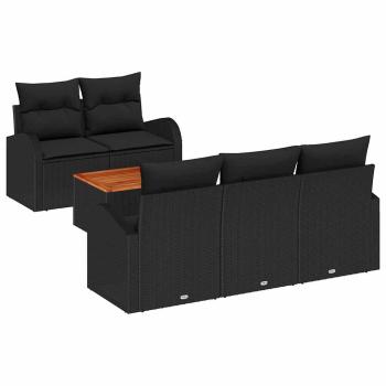 6-teiliges Garten-Sofa-Set mit Kissen Schwarz Poly Rattan Akazie, 2-Sitzer Garten-Sofa mit Stauraum & Kissen Schwarz Poly Rattan