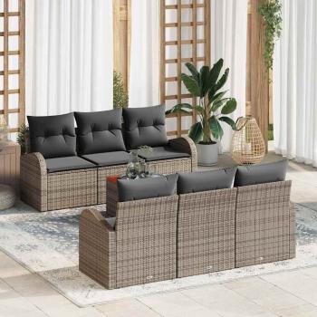 ARDEBO.de - 7-teiliges Garten-Sofaset mit Kissen Grau Poly-Rattan Akazie, 2-Sitzer Garten Sofa mit Stauraum & Kissen Grau Poly-Rattan