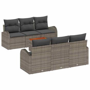 7-teiliges Garten-Sofaset mit Kissen Grau Poly-Rattan Akazie, 2-Sitzer Garten Sofa mit Stauraum & Kissen Grau Poly-Rattan