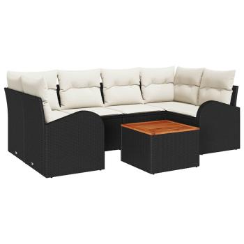 7-teiliges Garten-Sofa-Set mit Kissen Schwarz Poly Rattan Akazie, 2-Sitzer Garten-Sofa mit Stauraum und Kissen Schwarz Poly Rattan