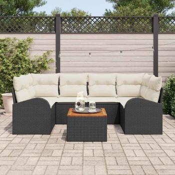7-teiliges Garten-Sofa-Set mit Kissen Schwarz Poly Rattan Akazie, 2-Sitzer Garten-Sofa mit Stauraum und Kissen Schwarz Poly Rattan