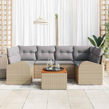 7-teiliges Garten Sofa Set mit Kissen Beige Poly Rattan Akazie, 2-Sitzer Garten Sofa mit Stauraum & Kissen Beige Poly Rattan