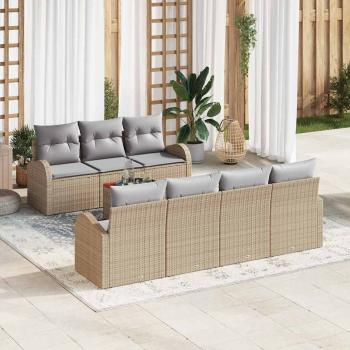 ARDEBO.de - 8-teiliges Garten Sofa Set mit Kissen Beige Poly Rattan Akazie, 2-Sitzer Garten Sofa mit Stauraum & Kissen Beige Poly Rattan