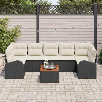 8-teiliges Garten Sofa Set mit Kissen Schwarz Poly Rattan Akazie, 2-Sitzer Garten Sofa mit Stauraum & Kissen Schwarz Poly Rattan