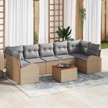 ARDEBO.de - 8-teiliges Garten Sofa Set mit Kissen Beige Poly Rattan Akazie, 2-Sitzer Garten Sofa mit Stauraum & Kissen Beige Poly Rattan