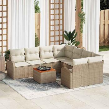 ARDEBO.de - 9-teiliges Garten Sofa Set mit Kissen Beige Poly Rattan Akazie, 2-Sitzer Garten Sofa mit Stauraum & Kissen Beige Poly Rattan
