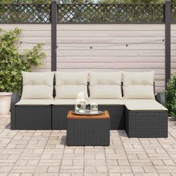6-teiliges Garten Sofa Set mit Kissen Schwarz Poly Rattan Akazie, 2-Sitzer Garten Sofa mit Stauraum & Kissen Schwarz Poly Rattan