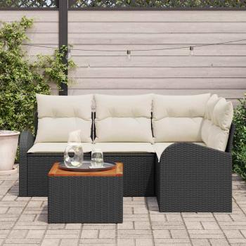 5-teiliges Garten-Sofaset mit Kissen Schwarzes Poly-Rattan Akazie, 2-Sitzer Garten-Sofa mit Stauraum & Kissen Schwarzes Poly-Rattan