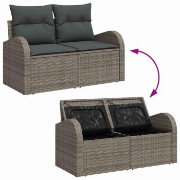 5-teiliges Garten-Sofa-Set mit Kissen Grau Poly-Rattan Akazie, 2-Sitzer Garten-Sofa mit Stauraum & Kissen Grau Poly-Rattan