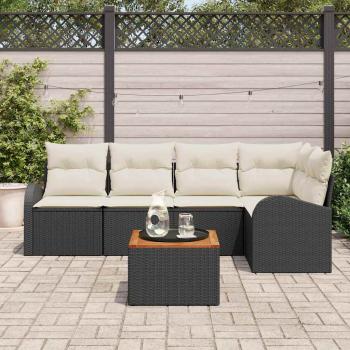 6-teiliges Garten Sofa Set mit Kissen Schwarz Poly Rattan Akazie, 2-Sitzer Garten Sofa mit Stauraum & Kissen Schwarz Poly Rattan