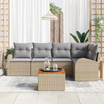 6-Teiliges Garten Sofa Set mit Kissen Beige Poly Rattan Akazie, 2-Sitzer Garten Sofa mit Stauraum & Kissen Beige Poly Rattan