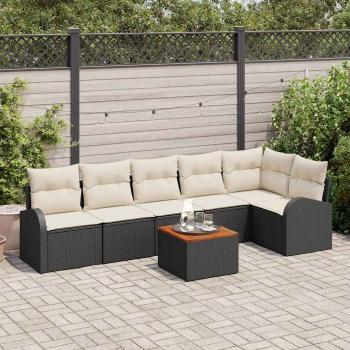 ARDEBO.de - 7-teiliges Garten-Sofa-Set mit Kissen Schwarzes Poly-Rattan Akazie, 2-Sitzer Garten-Sofa mit Stauraum & Kissen Schwarz Poly-Rattan
