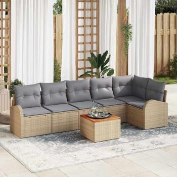 ARDEBO.de - 7-Teiliges Garten Sofa Set mit Kissen Beige Poly Rattan Akazie, 2-Sitzer Garten Sofa mit Stauraum & Kissen Beige Poly Rattan