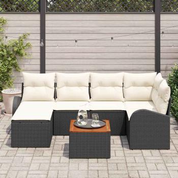 7-teiliges Garten-Sofa-Set mit Kissen Schwarz Poly-Rattan Akazie, 2-Sitzer Garten-Sofa mit Stauraum & Kissen Schwarz Poly-Rattan