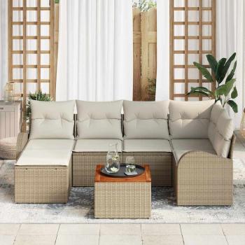 7-teiliges Garten Sofa Set mit Kissen Beige Poly Rattan Akazie, 2-Sitzer Garten Sofa mit Stauraum & Kissen Beige Poly Rattan