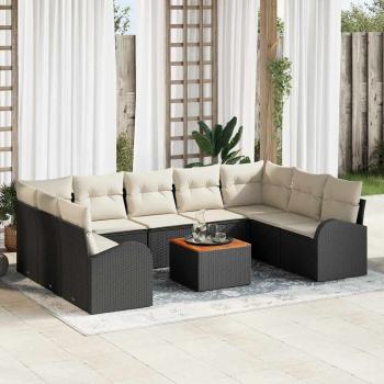 ARDEBO.de - 10-teiliges Garten-Sofa Set mit Kissen Schwarz Poly-Rattan Akazie, 2-Sitzer Garten-Sofa mit Stauraum & Kissen Schwarz Poly-Rattan