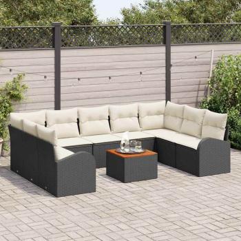 10-teiliges Garten-Sofa Set mit Kissen Schwarz Poly-Rattan Akazie, 2-Sitzer Garten-Sofa mit Stauraum & Kissen Schwarz Poly-Rattan