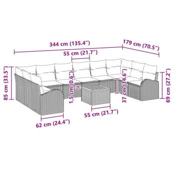 11-teiliges Garten-Sofa-Set mit Kissen in Schwarz Poly Rattan Akazie, Zweisitzer-Garten-Sofa mit Stauraum und Kissen in Schwarz Poly Rattan