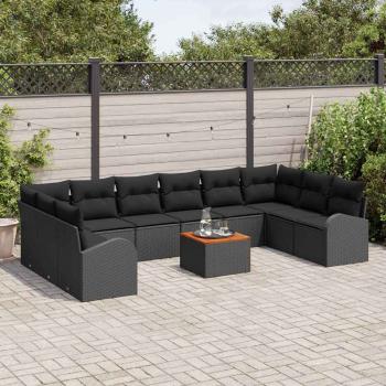 11-teiliges Garten Sofaset mit Kissen schwarz Poly Rattan Akazie, 2-Sitzer Garten Sofa mit Stauraum & Kissen schwarz Poly Rattan