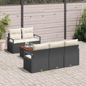 6-teiliges Garten Sofa Set mit Kissen Schwarz Poly Rattan Akazie, 2-Sitzer Garten Sofa mit Stauraum & Kissen Schwarz Poly Rattan