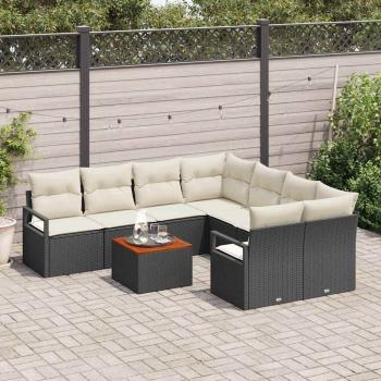 9-teilige Garten Sofagarnitur mit Kissen Schwarz Poly Rattan Akazie, 2-Sitzer Garten Sofa mit Stauraum & Kissen Schwarz Poly Rattan