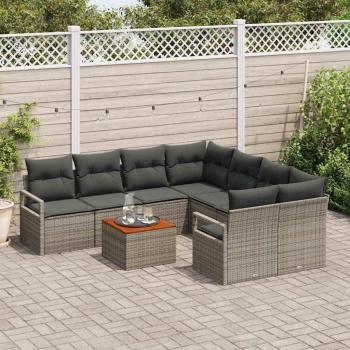 9-teiliges Garten Sofa Set mit Kissen graues Poly Rattan Akazie, 2-Sitzer Garten Sofa mit Stauraum & Kissen graues Poly Rattan