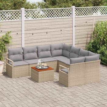 ARDEBO.de - 9-teiliges Garten Sofa Set mit Kissen Beige Poly Rattan Akazie, 2-Sitzer Garten Sofa mit Stauraum & Kissen Beige Poly Rattan
