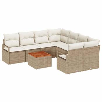 9-teiliges Garten Sofa Set mit Kissen Beige Poly Rattan Akazie, 2-Sitzer Garten Sofa mit Stauraum & Kissen Beige Poly Rattan