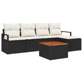 6-teiliges Garten-Sofa-Set mit Kissen Schwarz Poly Rattan Akazie, 2-Sitzer Garten-Sofa mit Stauraum & Kissen Schwarz Poly Rattan