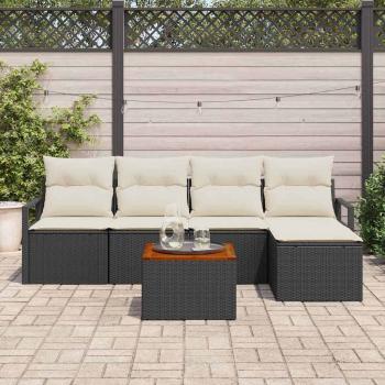 6-teiliges Garten-Sofa-Set mit Kissen Schwarz Poly Rattan Akazie, 2-Sitzer Garten-Sofa mit Stauraum & Kissen Schwarz Poly Rattan