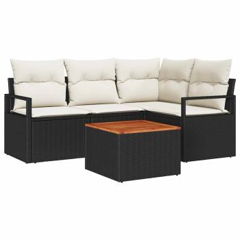 5-teiliges Garten Sofa Set mit Kissen Schwarz Poly Rattan Akazie, 2-Sitzer Garten Sofa mit Stauraum & Kissen Schwarz Poly Rattan