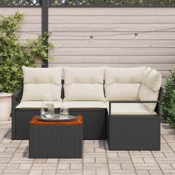 5-teiliges Garten Sofa Set mit Kissen Schwarz Poly Rattan Akazie, 2-Sitzer Garten Sofa mit Stauraum & Kissen Schwarz Poly Rattan