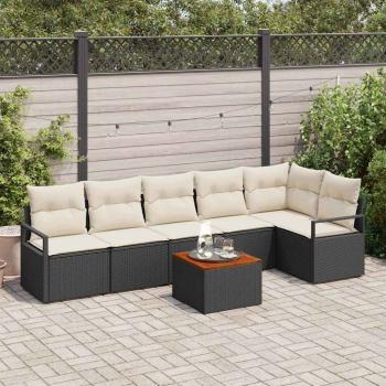 ARDEBO.de - 7-teiliges Garten-Sofa-Set mit Kissen Schwarz Poly-Rattan Akazie, 2-Sitzer Garten-Sofa mit Stauraum & Kissen Schwarz Poly-Rattan