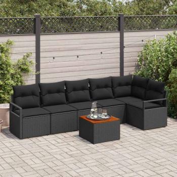 ARDEBO.de - 7-teiliges Garten-Sofa-Set mit Kissen Schwarz Poly-Rattan Akazie, 2-Sitzer Garten-Sofa mit Stauraum & Kissen Schwarz Poly-Rattan