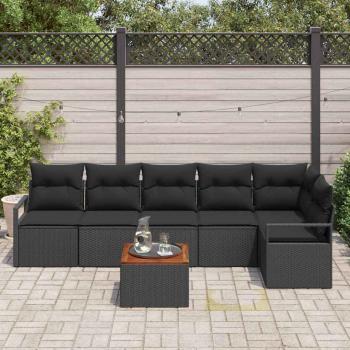 7-teiliges Garten-Sofa-Set mit Kissen Schwarz Poly-Rattan Akazie, 2-Sitzer Garten-Sofa mit Stauraum & Kissen Schwarz Poly-Rattan