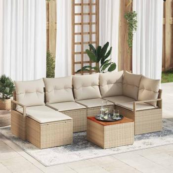ARDEBO.de - 7-teiliges Garten Sofaset mit Kissen Beige Poly Rattan Akazie, 2-Sitzer Garten Sofa mit Stauraum und Kissen Beige Poly Rattan