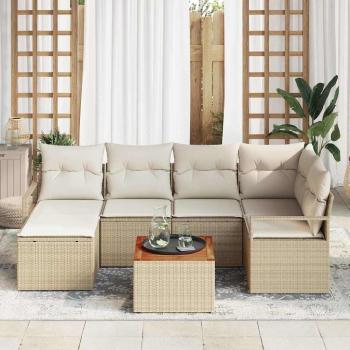 7-teiliges Garten Sofaset mit Kissen Beige Poly Rattan Akazie, 2-Sitzer Garten Sofa mit Stauraum und Kissen Beige Poly Rattan
