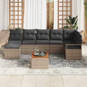ARDEBO.de - 8-teiliges Garten-Sofa-Set mit Kissen Grau Poly Rattan Akazie, 2-Sitzer Garten-Sofa mit Stauraum & Kissen Grau Poly Rattan