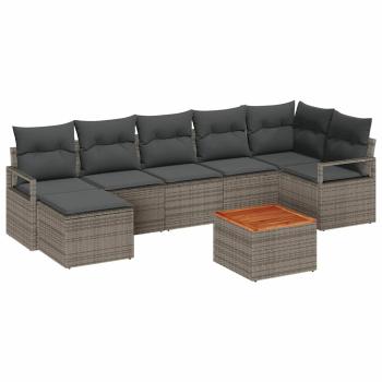 8-teiliges Garten-Sofa-Set mit Kissen Grau Poly Rattan Akazie, 2-Sitzer Garten-Sofa mit Stauraum & Kissen Grau Poly Rattan