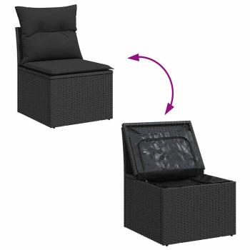 8-teiliges Garten Sofa Set mit Kissen Schwarz Poly Rattan Akazie, 2-Sitzer Garten Sofa mit Stauraum & Kissen Schwarz Poly Rattan