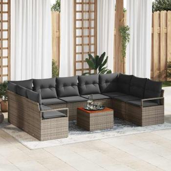 ARDEBO.de - 10-teiliges Garten-Sofa-Set mit Kissen Grau Poly Rattan Akazie, 2-Sitzer Garten-Sofa mit Stauraum & Kissen Grau Poly Rattan