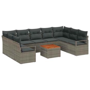 10-teiliges Garten-Sofa-Set mit Kissen Grau Poly Rattan Akazie, 2-Sitzer Garten-Sofa mit Stauraum & Kissen Grau Poly Rattan