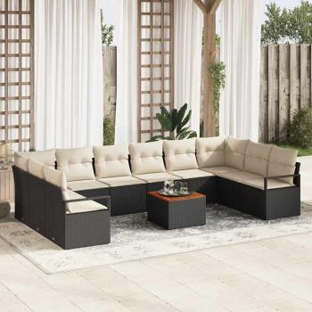 ARDEBO.de - 11-teiliges Garten Sofa Set mit Kissen Schwarz Poly Rattan Akazie, 2-Sitzer Garten Sofa mit Stauraum & Kissen Schwarz Poly Rattan