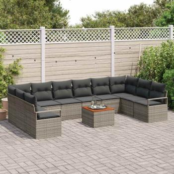 ARDEBO.de - 11-teiliges Garten Sofa Set mit Kissen Grau Poly Rattan Akazie, 2-Sitzer Garten Sofa mit Stauraum & Kissen Grau Poly Rattan