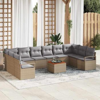 ARDEBO.de - 11-teiliges Garten Sofa Set mit Kissen Beige Poly Rattan Akazie, 2-Sitzer Garten Sofa mit Stauraum & Kissen Beige Poly Rattan